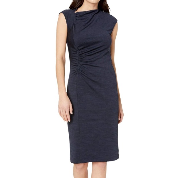 Halston Side-ruched Asymmetric Neckline Midi Dress - Navy Blue Size 4 - Picture 1 of 10